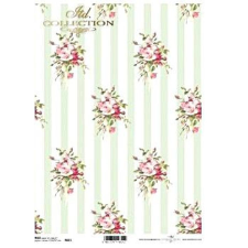  Rizspapír - apró rózsák zöld csíkos alapon dekorációs kellék