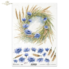  Rizspapír, búzavirág koszorú dekorációs kellék