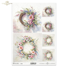  Rizspapír - rózsaszín virágos koszorúk dekorációs kellék