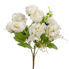  Rózsa, hortenzia csokor 9v. krém M32cm 24db/# dekorációs kellék
