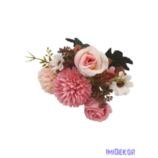 Rózsa-Krizantém vegyes selyemvirág csokor 31cm - Rózsaszín dekorációs kellék