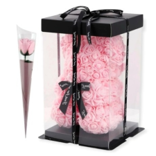  Rózsa maci díszdobozban 25 cm - rózsaszín + 1 szál szappan rózsa szappan