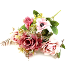  Rózsaszín-mályva vegyes csokor rózsával, hossza kb. 33 cm dekorációs kellék