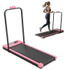  Rózsaszín összecsukható elektromos futópad 120 kg — ágy alá tehető sétálópad távirányítóval otthoni edzéshez, 1-12 km/h sebesség, halk működés, tablettartó, LCD kijelző, kompakt kialakítás