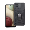  Samsung Galaxy A12 Nacho Telefontok - Camshield - fekete szilikon tok, kitámasztó ujjgyűrűvel, csúsztatható kameravédővel