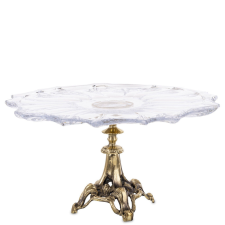  Sárgaréz kerek csipkés élű üveg tortatál barokkos réz állványon 19x35x35cm konyhai eszköz