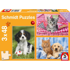 Schmidt SPIELE Puzzle játék 3x 48 darabos Kedvenc háziállat kölykök puzzle, kirakós