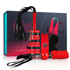 Secret Pleasure Chest - haladó BDSM készlet - 10 részes (piros) bilincs, kötöző