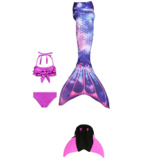  Set 4 piese Costum de baie Model Sirena, include si Inotatoarea pentru fixarea cozii, Albastru/Mov, 110 cm