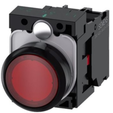 Siemens 3SU1106-0AB20-1CA0 komplett világító nyomógomb, piros, 230VAC, 1NC, csavaros Sirius villanyszerelés
