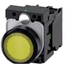 Siemens 3SU1106-0AB30-1BA0 komplett világító nyomógomb, sárga, 230VAC, 1NO, csavaros Sirius villanyszerelés
