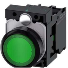 Siemens 3SU1106-0AB40-1BA0 komplett világító nyomógomb, zöld, 230VAC, 1NO, csavaros Sirius villanyszerelés