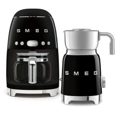 Smeg 50's Retro Style 1,4l filteres kávéfőző 10 fekete csészével + SMEG 50's Retro Style 0,6l fekete tejhabosító kávéfőző