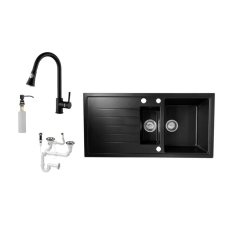  Solarys J995-50C Gránit Mosogató + Kihúzható Csap + Dugóemelő + Adagoló (fekete) fürdőkellék