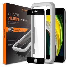 Spigen Apple iPhone 7 / 8 / SE (2020) / SE (2022), Kijelzővédő fólia, ütésálló fólia (az íves részre is!), Tempered Glass (edzett üveg), Full Cover, Spigen Glastr Alignmaster, fekete mobiltelefon kellék