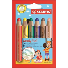 STABILO Színes ceruza készlet, kerek, vastag, STABILO "Woody 3 in 1", 6 különbözõ szín színes ceruza