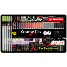 STABILO Tűfilc készlet, fém doboz, STABILO "Creative Tips ARTY", 6 különböző pasztell szín, 5 különböző vastagság filctoll, marker