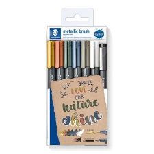 STAEDTLER Dekormarker, 1-6 mm, kúpos, ajándék tusfilccel, STAEDTLER "Design Journey Metallic Brush", 6 különböző metál szín filctoll, marker