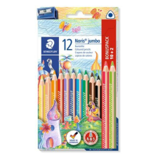 STAEDTLER Színes ceruza készlet, háromszögletű, vastag, hegyezővel, STAEDTLER Noris Jumbo 128, 10+2 különböző szín (TS128NC12P1) iskolai kiegészítő
