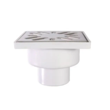 Styron Épített zuhanytálcához lefolyószelep DN50mm, 100 x 100mm rozsdamentes ráccsal, függőleges kád, zuhanykabin