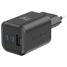 Swissten 22071410 USB-A / 2xUSB-C Hálózati Gyorstöltő Adapter 65W - Fekete (22071410) mobiltelefon kellék