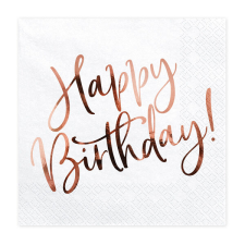 Szalvéta, fehér, happy birthday, rosegold felirat, 20 db, 33x33 cm papírárú, csomagoló és tárolóeszköz