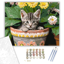 Számfestő.hu Kíváncsi Cirmos Kiscica Virágcserépben - számfestő készlet – 40×50 cm (Keretre feszítve) kreatív és készségfejlesztő