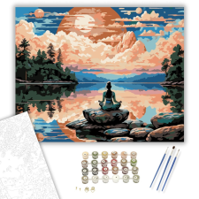 Számfestő.hu Meditáló Nő Tóparti Naplementében - számfestő készlet – 50×60 cm (Keretre feszítve) kreatív és készségfejlesztő