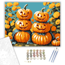 Számfestő.hu Mosolygós töklámpások virágok között - számfestő készlet – 40×50 cm (Keretre feszítve) kreatív és készségfejlesztő