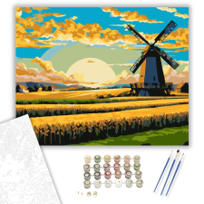 Számfestő.hu Naplemente a Búzamezőn Szélmalommal - számfestő készlet – 40×50 cm (Keretre feszítve) kreatív és készségfejlesztő