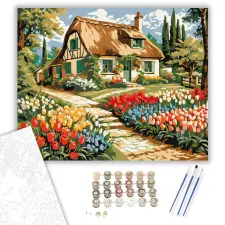 Számfestő.hu Virágos Kunyhó Idillje - számfestő készlet – 60×70 cm (Keretre feszítve) kreatív és készségfejlesztő