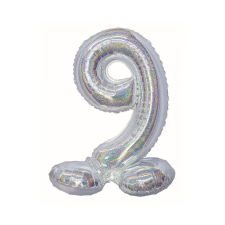 Számok Holographic Silver, Ezüst 9-es szám fólia lufi talppal 72 cm party kellék