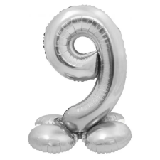 Számok Silver, Ezüst 9-es szám fólia lufi talppal 72 cm party kellék
