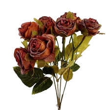  Szárított hatású műrózsa csokor, 10 fejes, barna. Hossza: kb. 27 cm dekorációs kellék