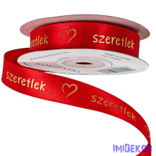Szeretlek arany feliratos, szívecskés szatén szalag 16mm x 20m - Piros dekorációs kellék