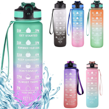 Színátmenetes motivációs kulacs idézetekkel és időskálával (1000 ml) - Mentazöld/Lila kulacs, kulacstartó