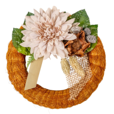  Szizálos széna koszorú selyem és szárazvirággal barna 20cm dekorációs kellék