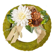  Szizálos széna koszorú selyem ésszárazvirág dízítéssel zöld 25cm dekorációs kellék