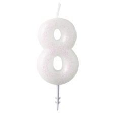 Születésnap White, Fehér csillámos gyertya 8-as 6,5 cm party kellék