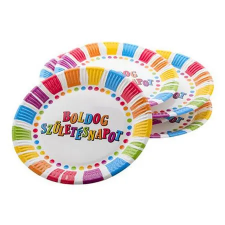  Tányér, papír, 23 cm, "Boldog születésnapot", csíkos-pöttyös party kellék