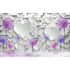  Tapéta lila pitypang, fehér téglafal, szívek, 300 x 250 cm tapéta, díszléc és más dekoráció