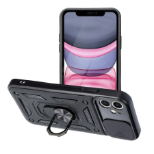  Telefontok iPhone 16e - Camshield - fekete szilikon tok, kitámasztó ujjgyűrűvel, csúsztatható kameravédővel tok és táska