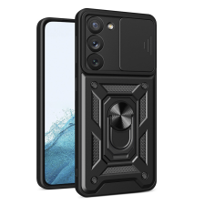  Telefontok Samsung Galaxy S23+ (S23 Plus) - Hybrid Armor Camshield - fekete szilikon tok, kitámasztó ujjgyűrűvel, csúsztatható kameravédővel tok és táska