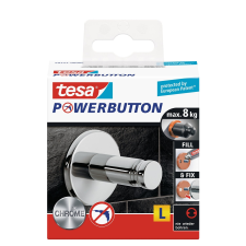 Tesa Powerbutton Universal, erős, prémium akasztó, nagy, króm fürdőszoba kiegészítő