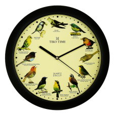 Tiko Time falióra, quartz, fekete színű tok, madaras számlap, (madárhangos) falióra
