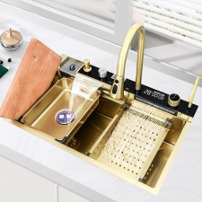  Többfunkciós mosogató, kihúzható zuhany, favágó, LCD hőmérséklet, 2 vízsugár, arany, 75x46 cm mosogatótálca