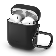 TokShop Bluetooth fülhallgató töltőtok tartó, szilikon, vezeték nélküli töltés támogatás, karabiner, Apple AirPods kompatibilis, Spigen Silicone Fit, fekete (RS107040) - Fülhallgató tok audió kellék