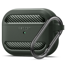 TokShop Bluetooth fülhallgató töltőtok tartó, szilikon, vezeték nélküli töltés támogatás, karabiner, Apple AirPods Pro kompatibilis, Spigen Rugged Armor, sötétzöld (RS136190) audió kellék