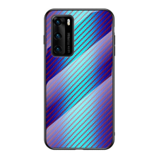 TokShop Huawei P40, Szilikon védőkeret, üveg hátlap, karbon minta, kék tok és táska