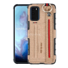 TokShop Samsung Galaxy S20 / S20 5G SM-G980 / G981, Szilikon tok, közepesen ütésálló, stand, textil hátlap, felakasztható, kézpánttal, világosbarna